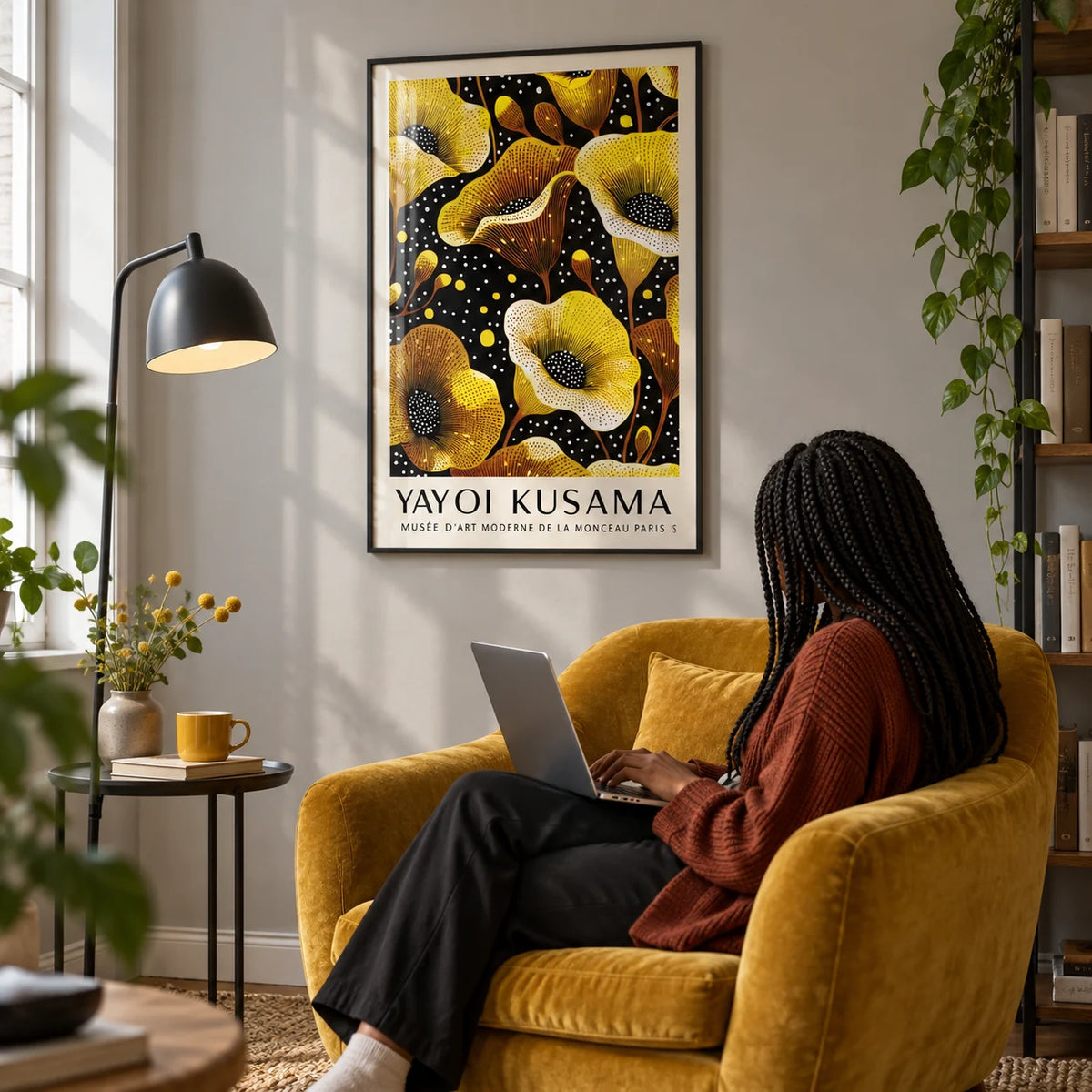 Yellow Wall Decor, framed on the wall of a design-led reading corner with a soft grey wall in a living room