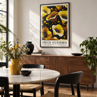 Yellow Wall Decor, framed on the wall of a modern dining room with a white wall