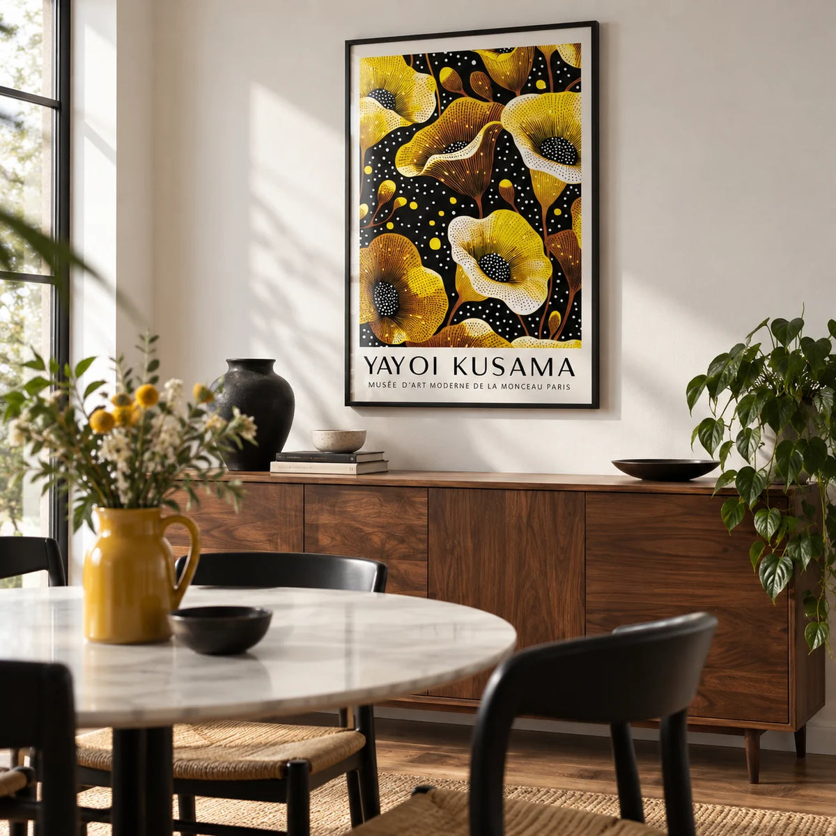 Yellow Wall Decor, framed on the wall of a modern dining room with a white wall