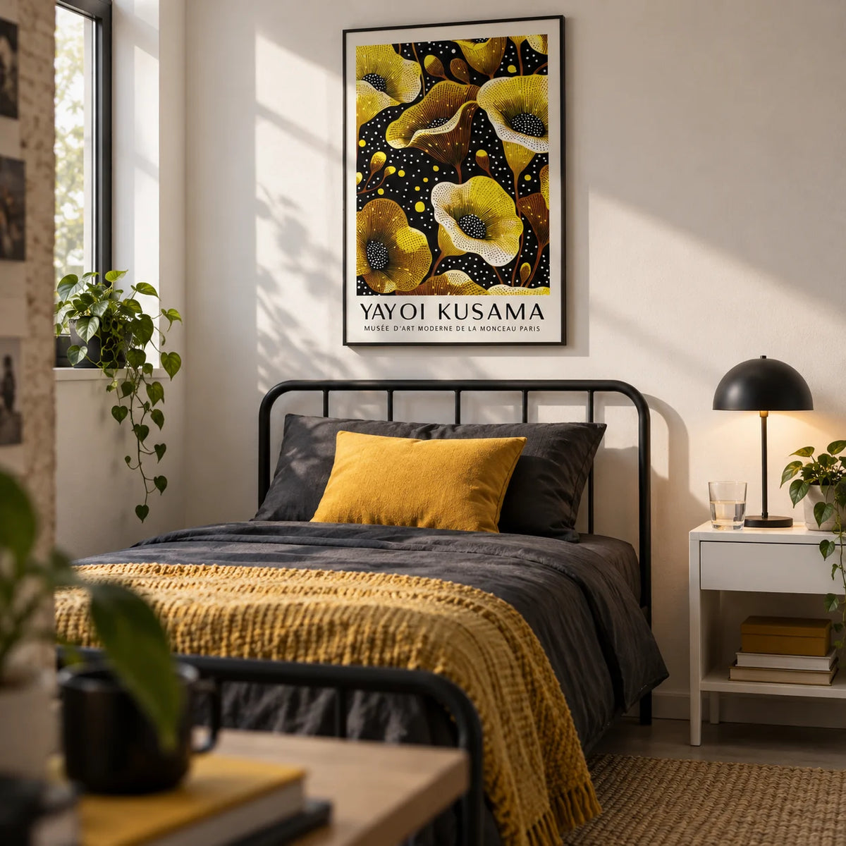 Yellow Wall Decor, framed on the wall of a modern single bedroom for a young adult (18-25) with a white wall