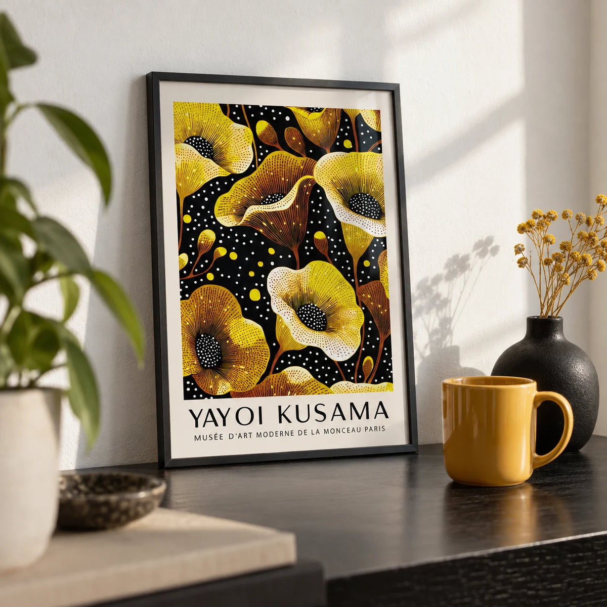 Yellow Wall Decor, a small A4 framed print leaning on a black desk