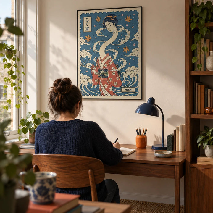 Yokai Art, framed on the wall of a compact home study in a design-conscious UK flat with a warm white wall and walnut shelving