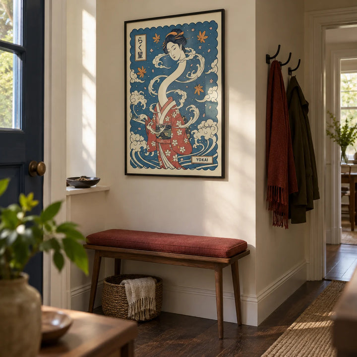 Yokai Art, framed on the wall of a narrow hallway in a renovated UK terraced house with a cream wall