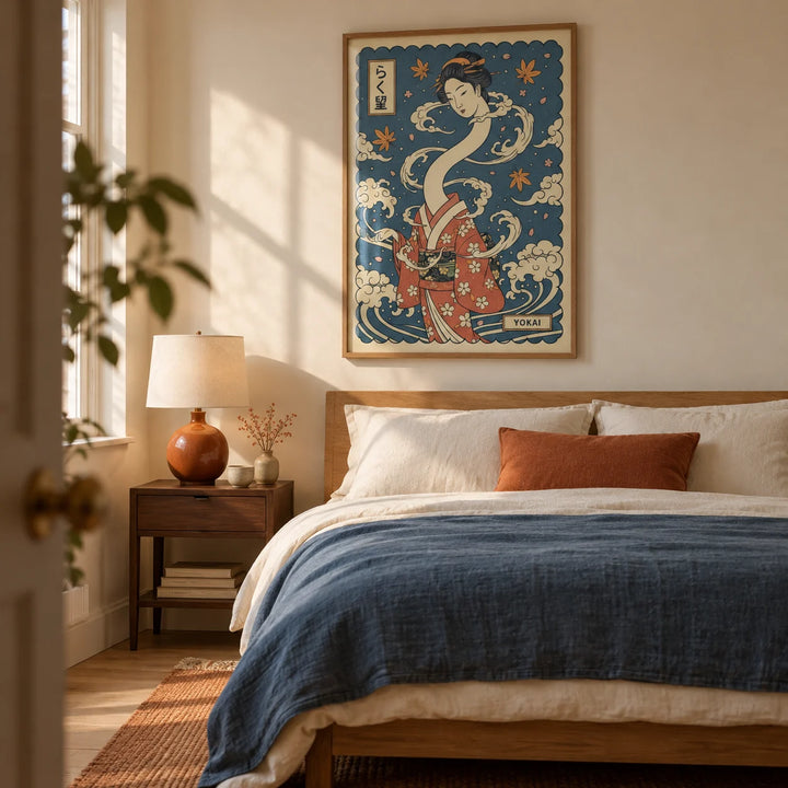Yokai Art, framed on the wall of a restrained Japanese-inspired adult bedroom in a UK flat with a warm cream wall