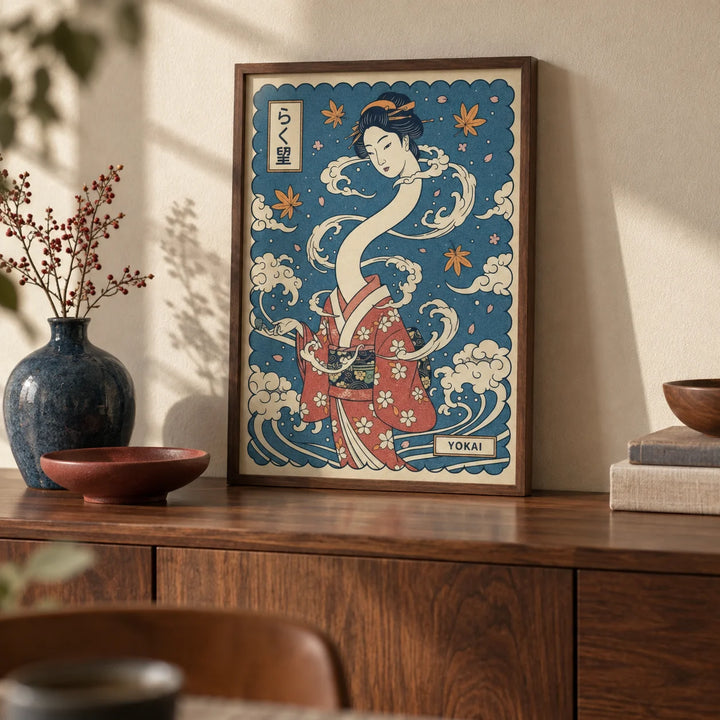 Yokai Art, a small A4 framed print leaning on a walnut sideboard in a living room