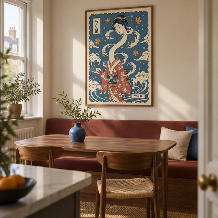 Yokai Art, framed on the wall of a small modern dining room in a London flat with cream walls and a plain muted red built-in banquette