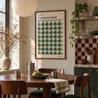 York Poster, framed on the wall of a kitchen dining corner by a tall window in soft daylight