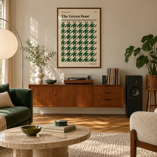 York Poster, framed on the wall of a living room with herringbone parquet