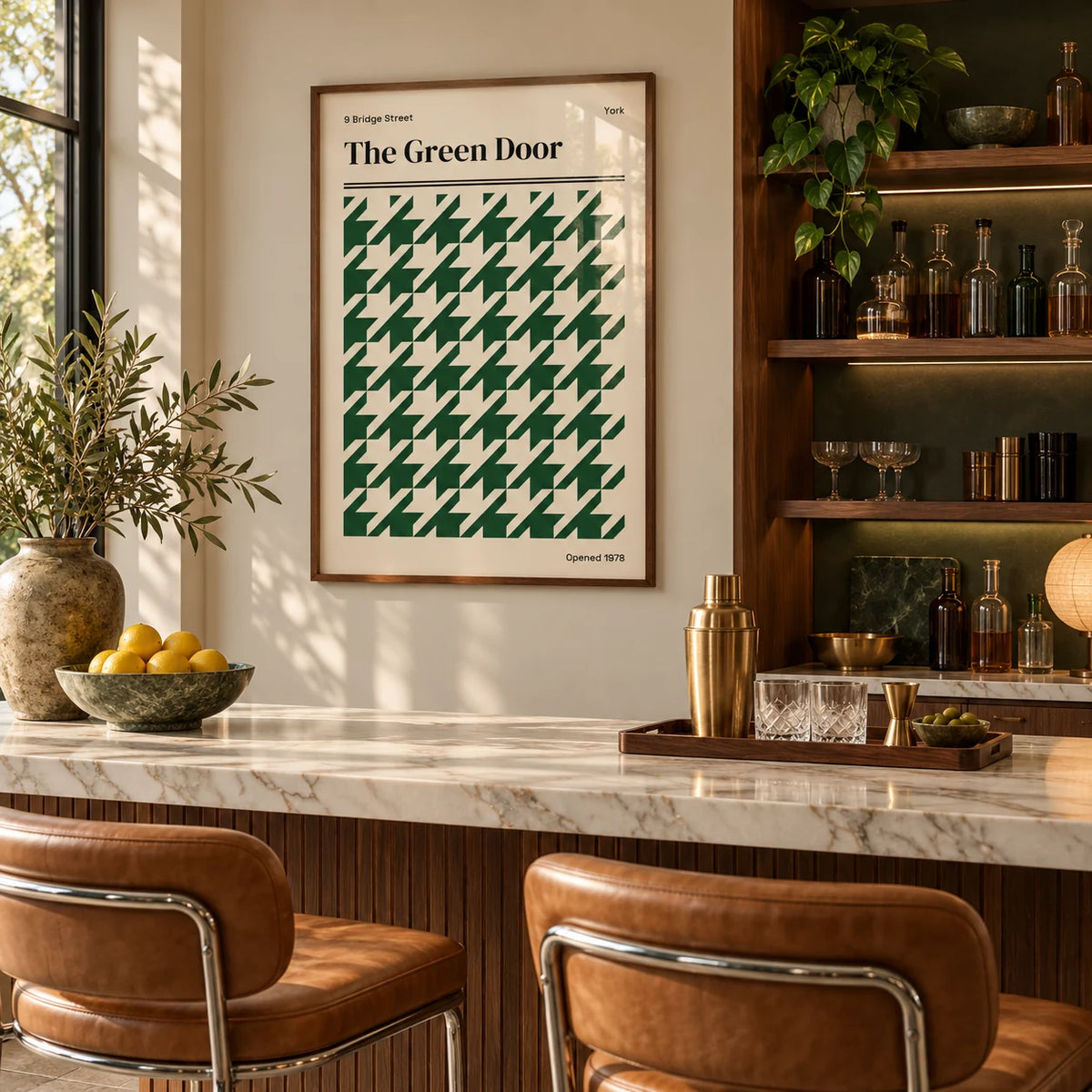York Poster, framed on the wall of a stylish home bar in a living room