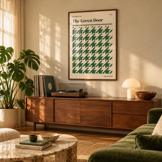 York Poster, framed on the wall of a warm living room with soft golden light through a sheer curtain