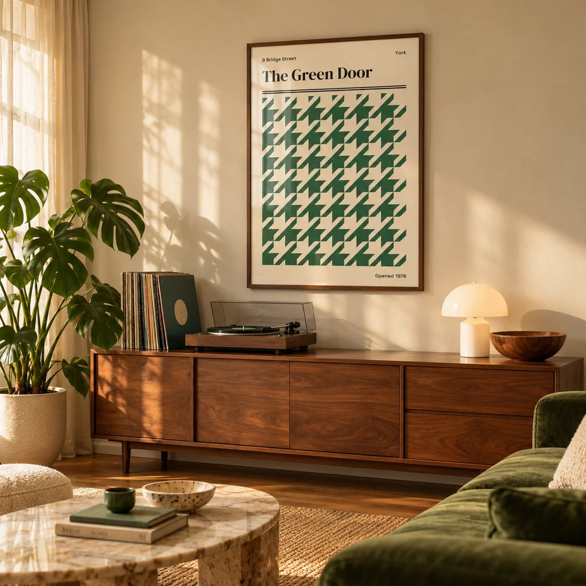 York Poster, framed on the wall of a warm living room with soft golden light through a sheer curtain