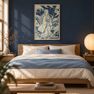 Yuki Onna Art, framed on the wall of a calm Japanese-modern bedroom with a deep navy painted wall