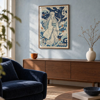 Yuki Onna Art, framed on the wall of a calm living room with a soft powder blue limewashed wall