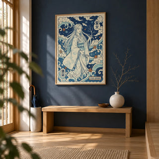 Yuki Onna Art, framed on the wall of a Japanese-style entrance hall with a pale oak floor and a navy painted wall