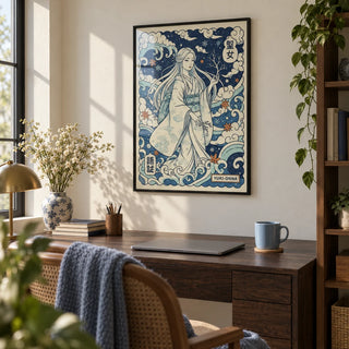 Yuki Onna Art, framed on the wall of a quiet home office with a plain cream wall