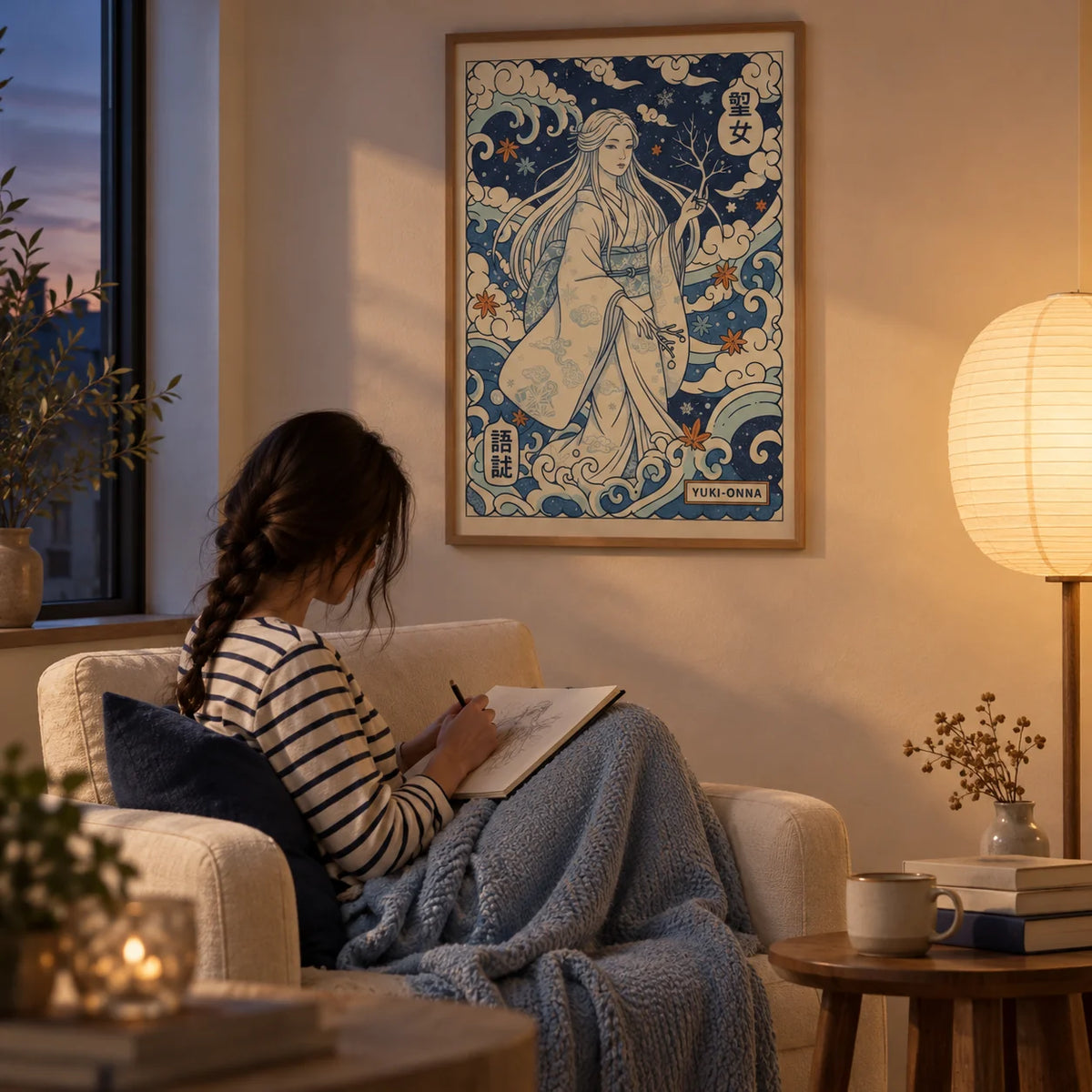 Yuki Onna Art, framed on the wall of a reading corner at dusk in a living room
