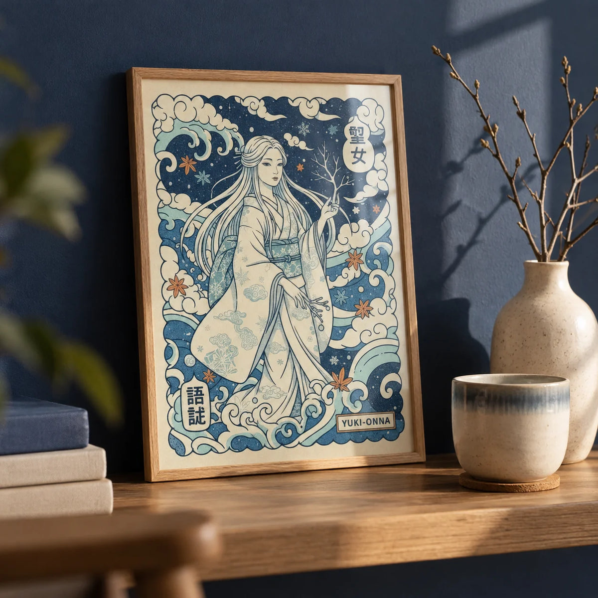 Yuki Onna Art, a small A4 framed print leaning on an oak shelf in a living room