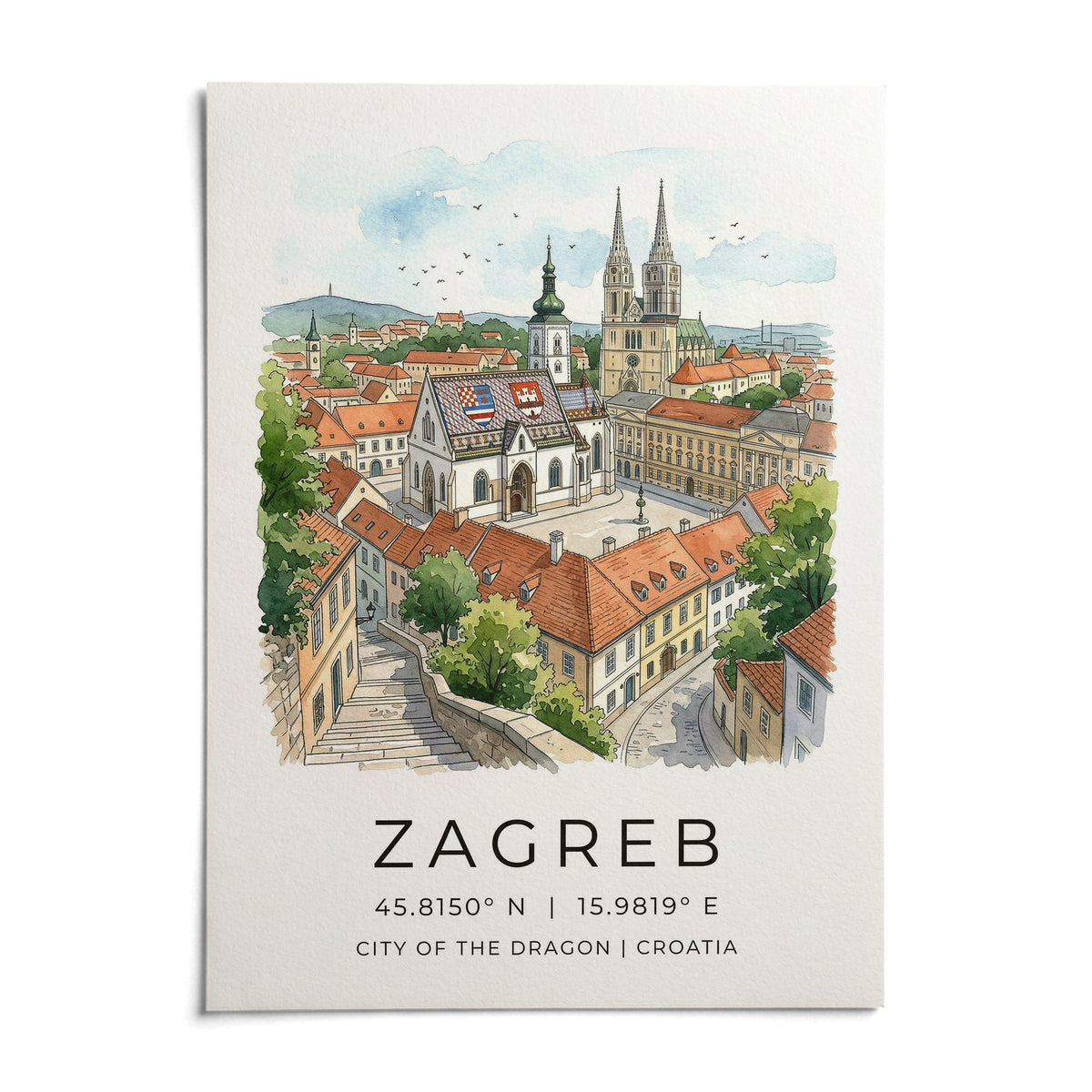 Zagreb City Art Print, shown as an unframed paper print on a plain white background