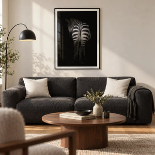 Zebra Art Print, framed on the wall of a contemporary living room in a UK city flat with a warm white wall and oak floor