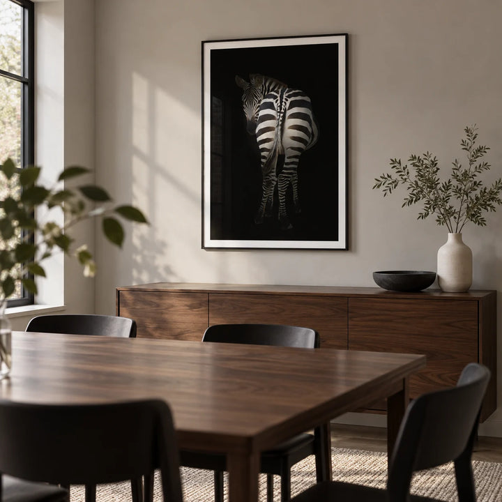 Zebra Art Print, framed on the wall of a modern dining room in a UK family home with a pale warm grey wall