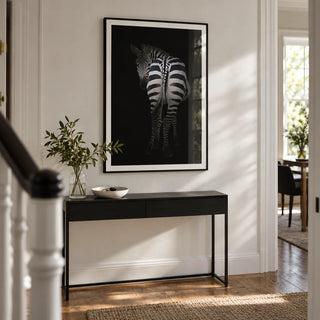 Zebra Art Print, framed on the wall of a narrow contemporary hallway in a UK townhouse with chalk-white walls and a warm timber floor