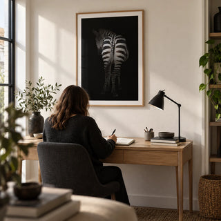 Zebra Art Print, framed on the wall of a quiet home study in a design-conscious UK flat with an off-white wall