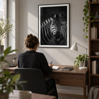 Zebra Black White Print, framed on the wall of a compact modern home study in a UK flat with a pale grey wall and walnut shelving