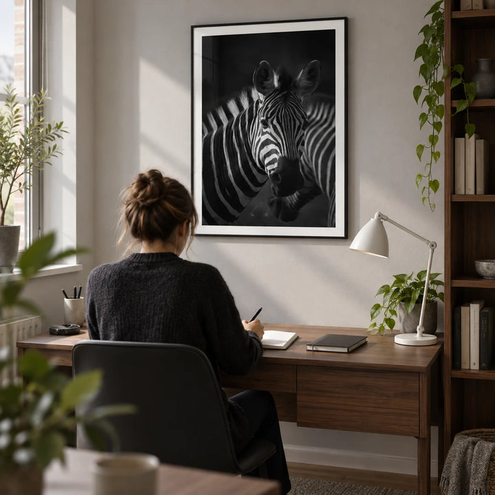 Zebra Black White Print, framed on the wall of a compact modern home study in a UK flat with a pale grey wall and walnut shelving