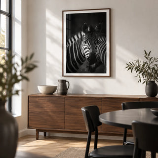 Zebra Black White Print, framed on the wall of a contemporary dining room in a UK townhouse with a white plaster wall and oak floor