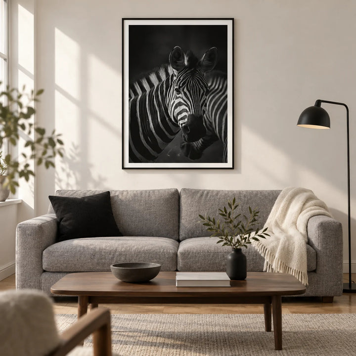 Zebra Black White Print, framed on the wall of a modern living room in a UK city flat with a soft white wall and warm oak floor