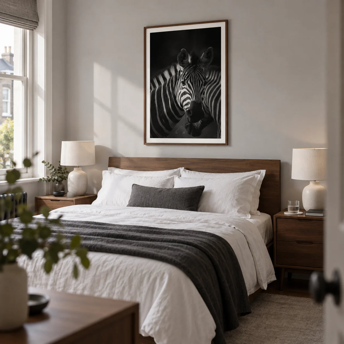 Zebra Black White Print, framed on the wall of a restful contemporary bedroom in a UK terraced home with a pale grey wall