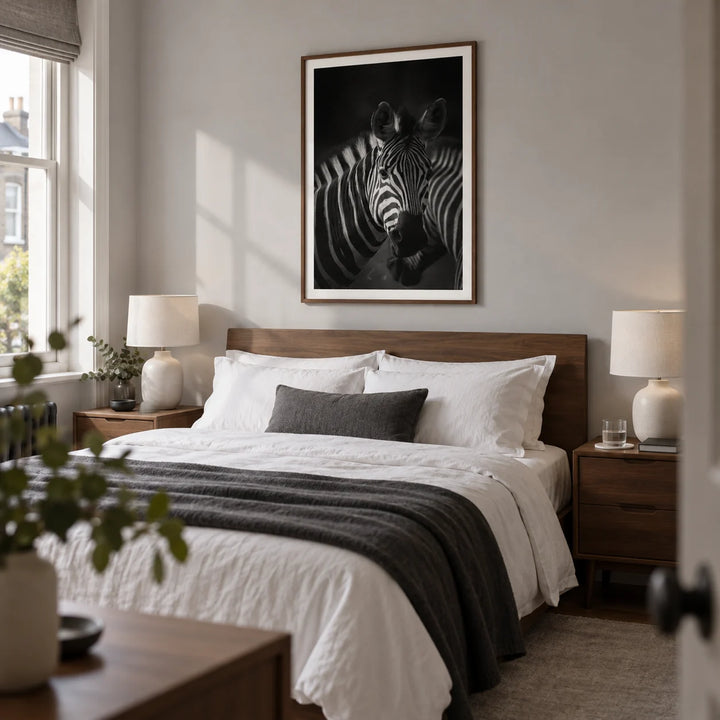 Zebra Black White Print, framed on the wall of a restful contemporary bedroom in a UK terraced home with a pale grey wall