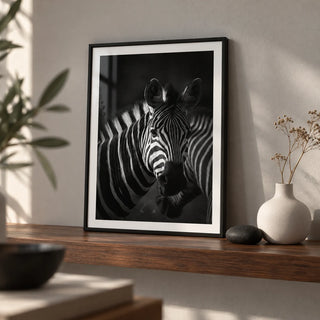 Zebra Black White Print, a small A4 framed print leaning on a walnut shelf in a living room