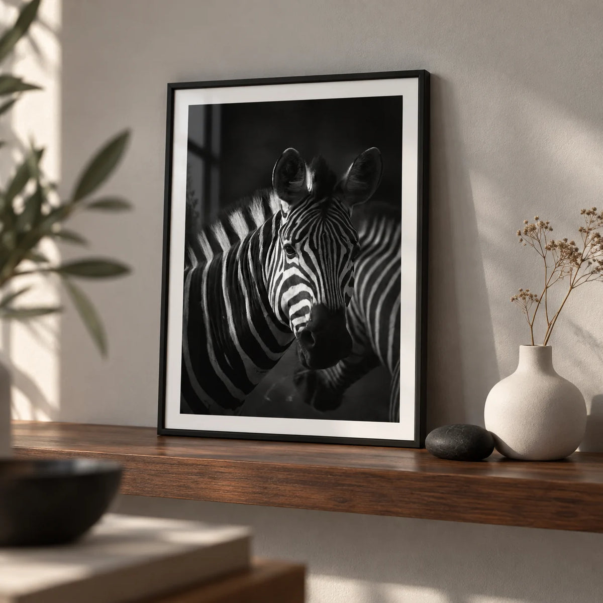 Zebra Black White Print, a small A4 framed print leaning on a walnut shelf in a living room