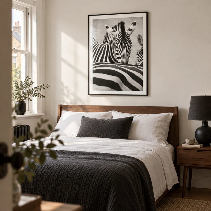 Zebra Black White Wall Art, framed on the wall of a calm contemporary bedroom in a UK terraced house with a warm white wall