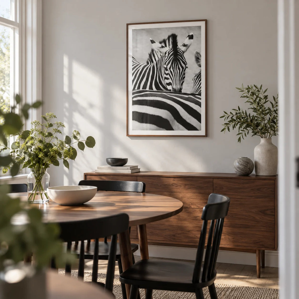 Zebra Black White Wall Art, framed on the wall of a compact modern dining room in a UK maisonette with a pale grey wall