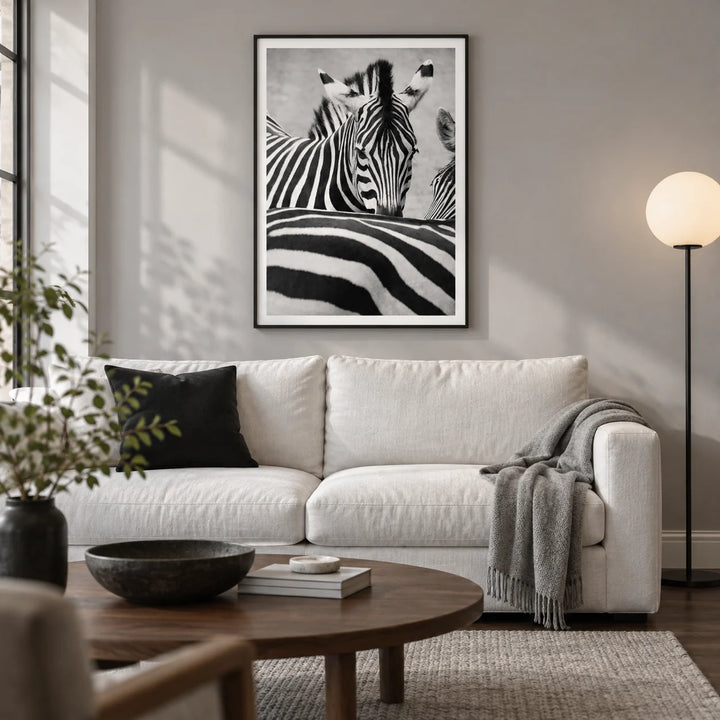 Zebra Black White Wall Art, framed on the wall of a modern living room in a UK city flat with a soft grey wall and walnut floor