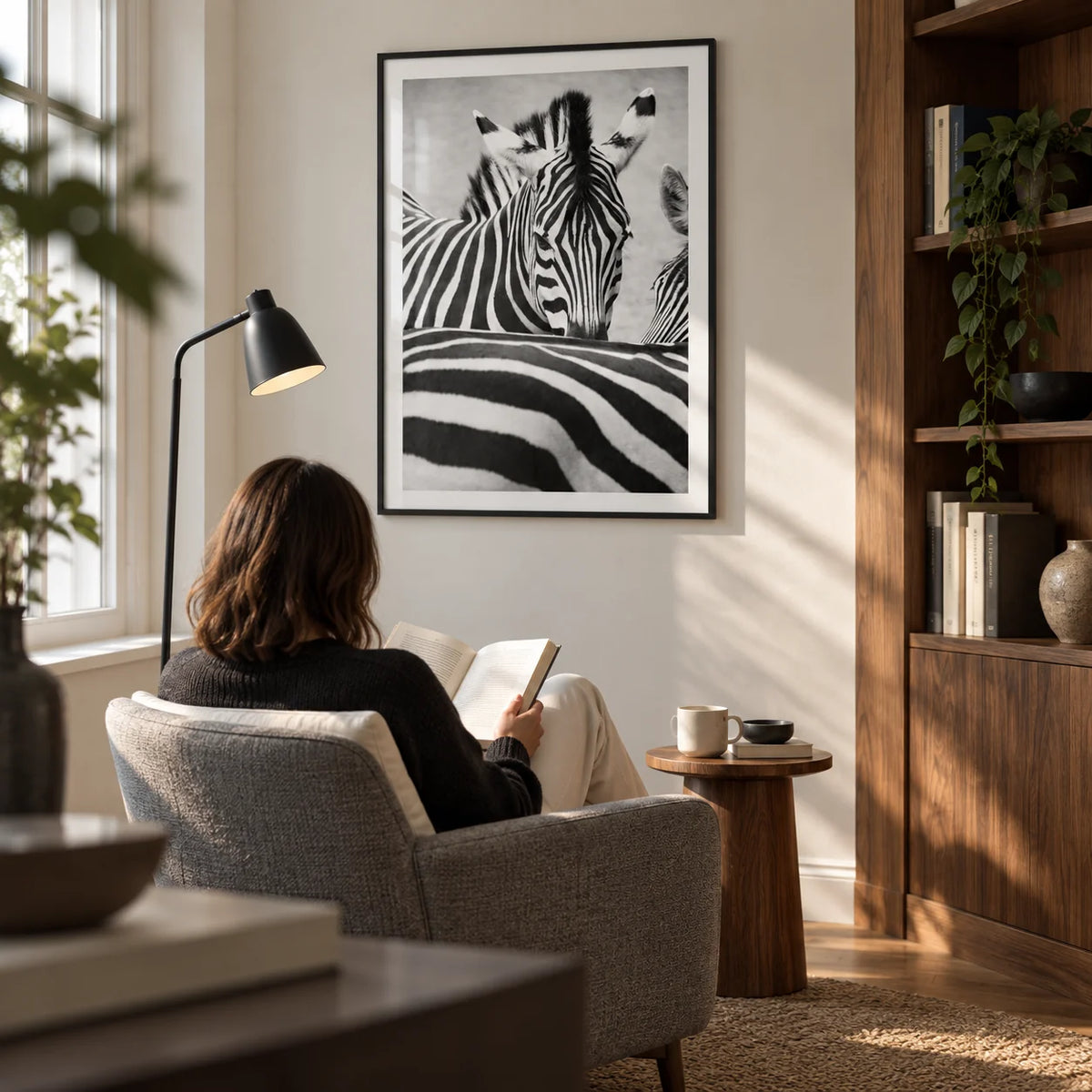 Zebra Black White Wall Art, framed on the wall of a quiet home study in a UK flat with a warm white wall and built-in walnut shelving