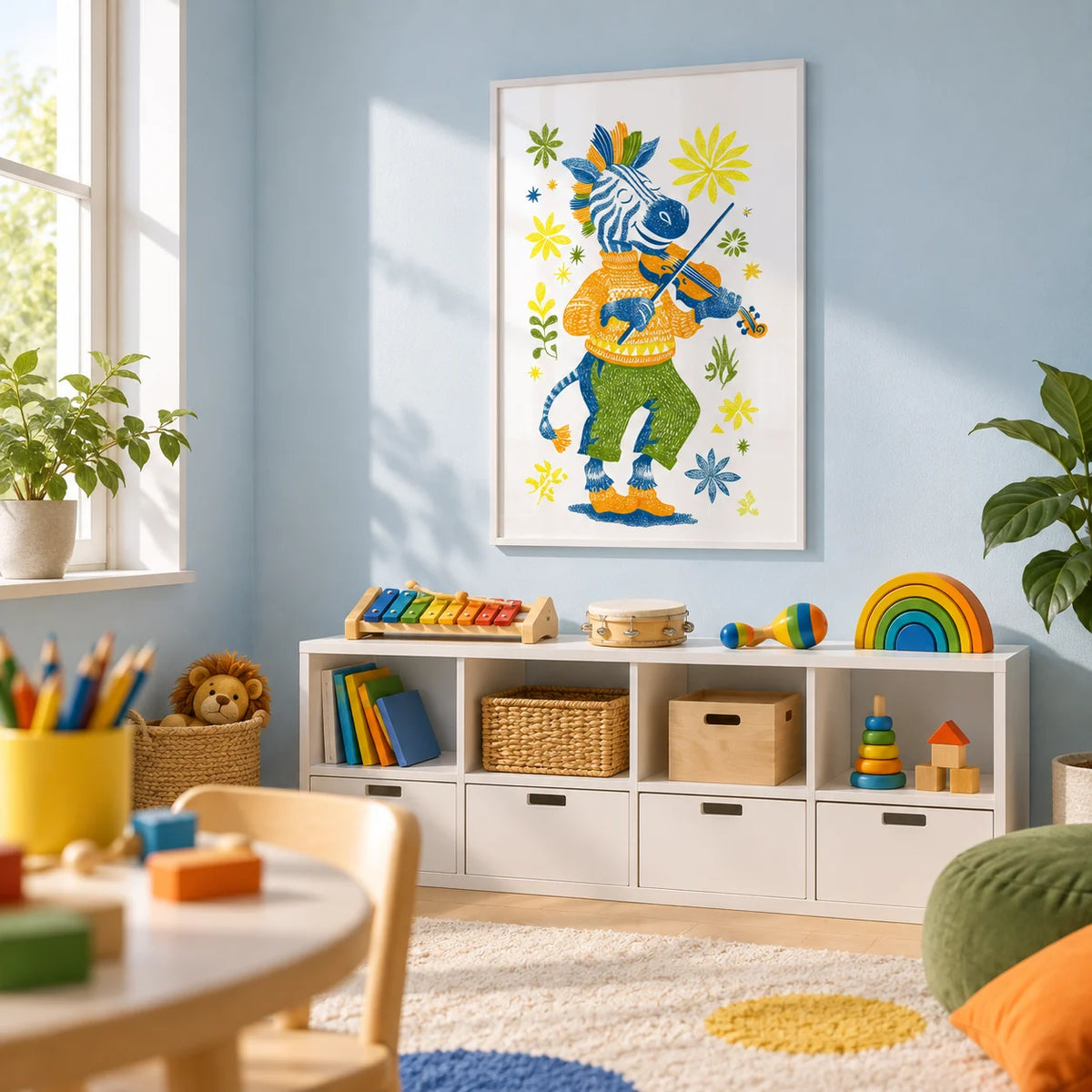 Zebra Playing Violin Poster, framed on the wall of a bright playroom with a pale blue wall