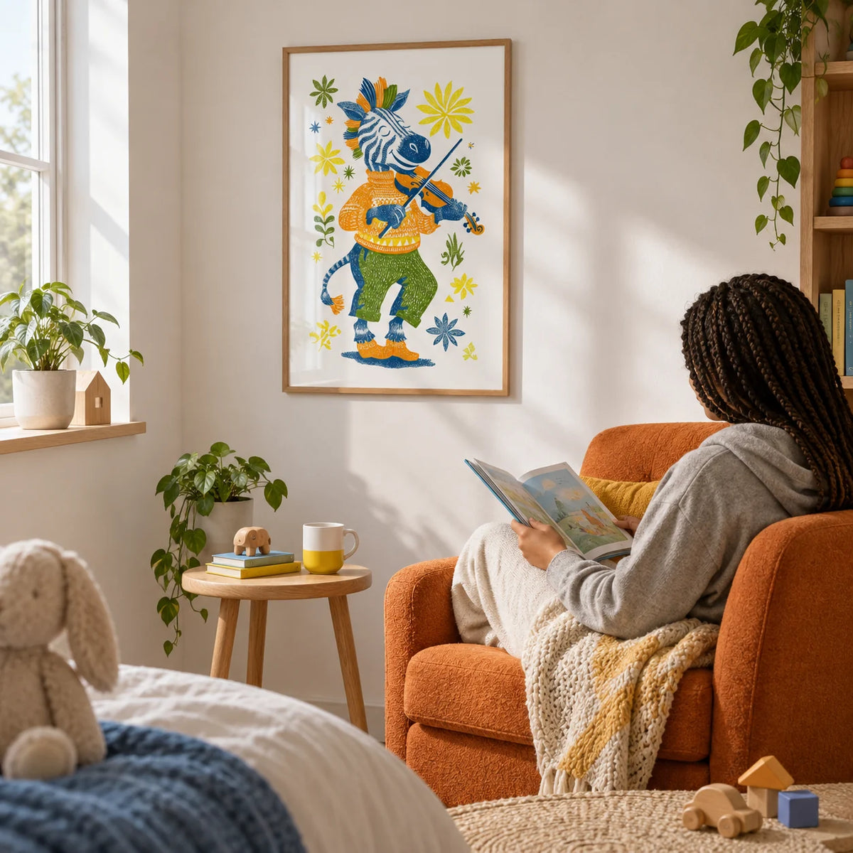 Zebra Playing Violin Poster, framed on the wall of a child's bedroom corner with a white wall