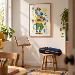 Zebra Playing Violin Poster, framed on the wall of a child's music practice corner in a family home with a white wall