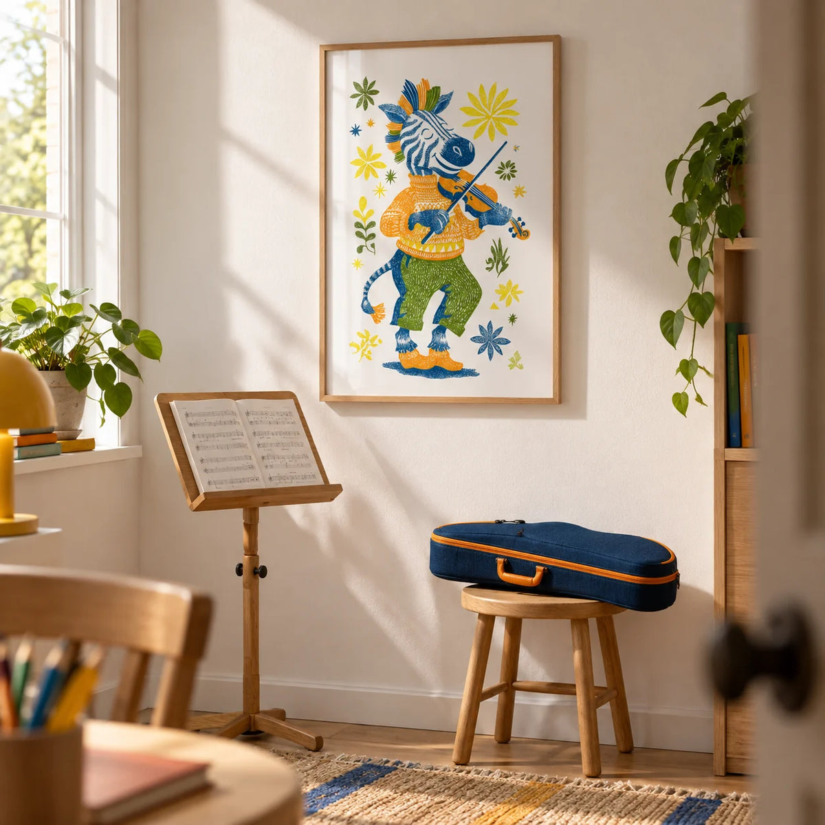 Zebra Playing Violin Poster, framed on the wall of a child's music practice corner in a family home with a white wall