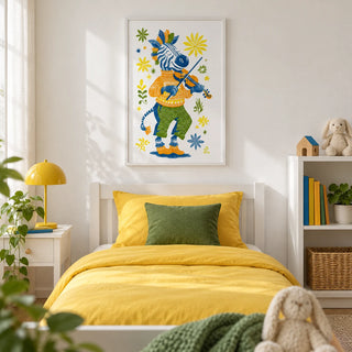 Zebra Playing Violin Poster, framed on the wall of a little girl's bedroom with a white wall