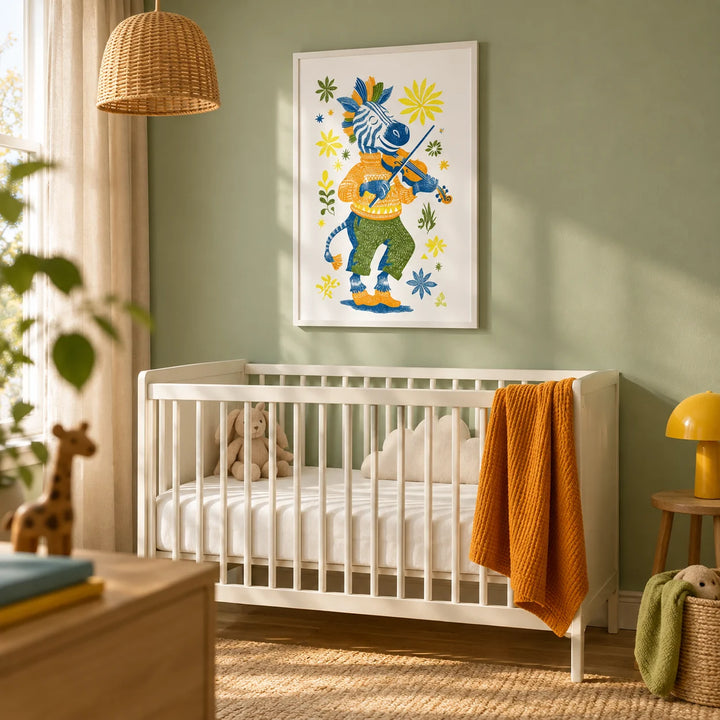 Zebra Playing Violin Poster, framed on the wall of a nursery with a soft green wall