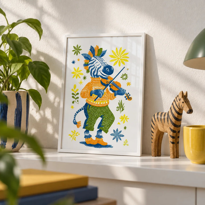 Zebra Playing Violin Poster, a small A4 framed print leaning on a white shelf in a living room