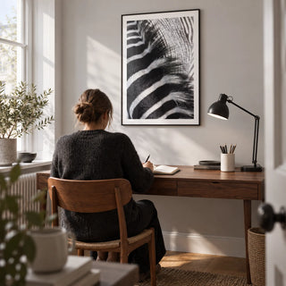 Zebra Stripe Art Print, framed on the wall of a compact home study in a design-conscious UK flat with a pale grey wall and oak floor