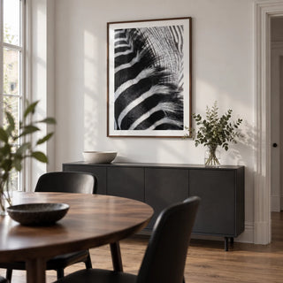 Zebra Stripe Art Print, framed on the wall of a modern dining room in a UK townhouse with a white wall