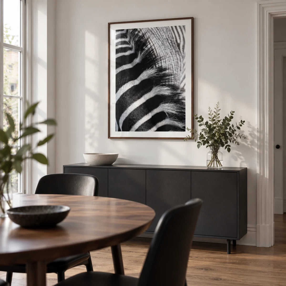 Zebra Stripe Art Print, framed on the wall of a modern dining room in a UK townhouse with a white wall