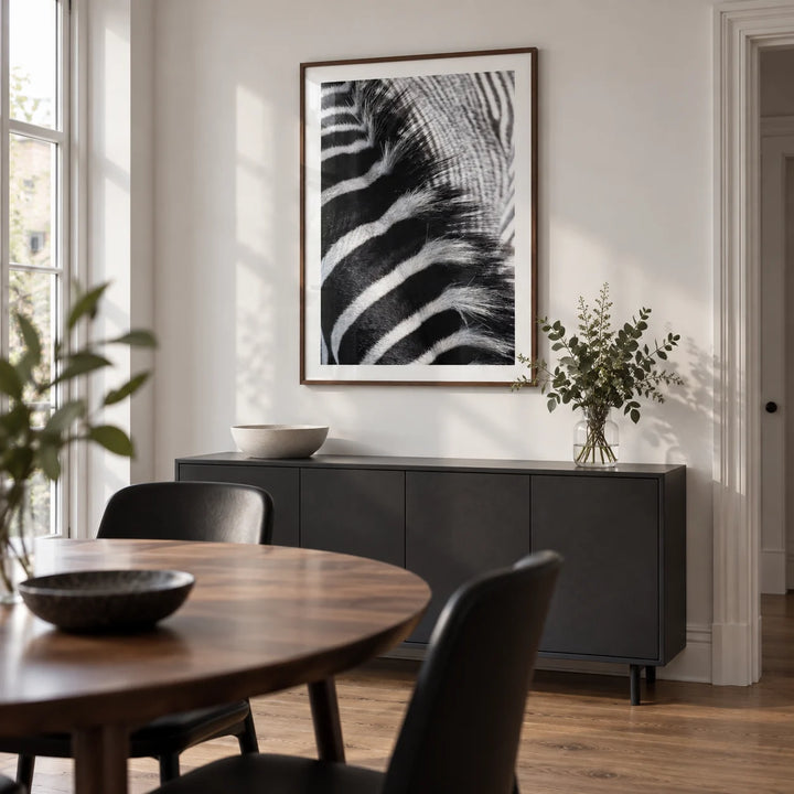 Zebra Stripe Art Print, framed on the wall of a modern dining room in a UK townhouse with a white wall