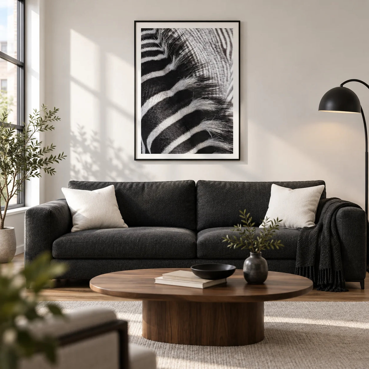 Zebra Stripe Art Print, framed on the wall of a modern living room in a UK city flat with a soft white wall